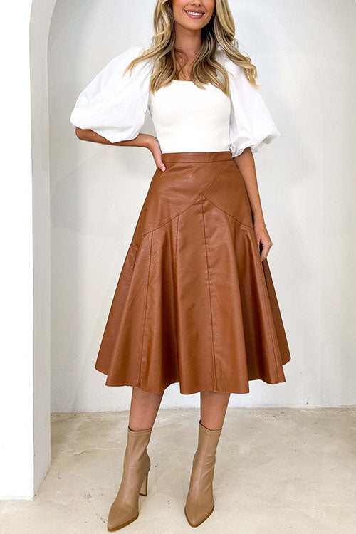 Moxidress High Waist Faux Leather A-line Flare Midi Skirt