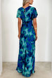 V Neck Ruffle Short Sleeves Lagoon Print Maxi Dress