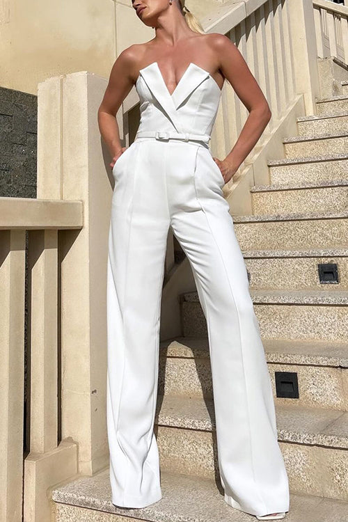 V Neck Strapless Pocketed Wide Leg Jumpsuit