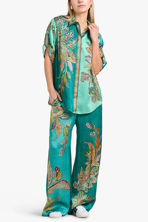 Moxidress Roll Up Short Sleeves Shirt and Wide Leg Pants Printed Satin Set