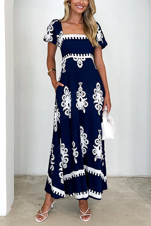 Square Neck Backless Abstract Print Maxi Dress