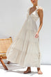 Moxidress V Neck Ruffle Trim Tiered Sleeveless Linen Maxi Dress