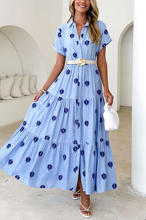 Short Sleeves Button Down Ruffle Tiered Printed Maxi Dress