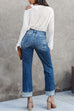 Moxidress High Waist Straight Leg Ripped Denim Pants