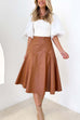 Moxidress High Waist Faux Leather A-line Flare Midi Skirt