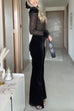 Moxidress Feather Cuffs Bell Bottom Velvet Splice Jumpsuit