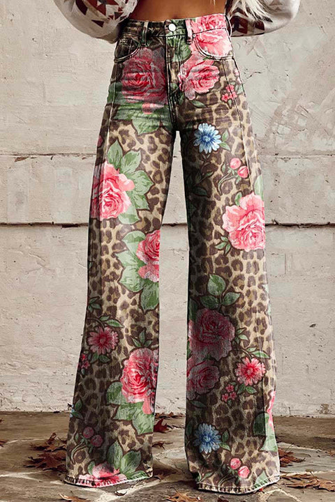 Moxidress Leopard Floral Print Wide Leg Pocketed Pants