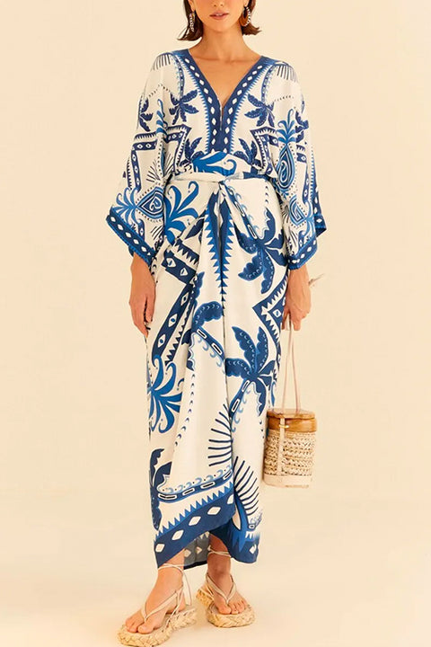 Moxidress V Neck Kimono Sleeves Tie Waist Printed Wrap Dress