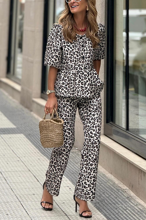 Moxidress Half Sleeves Button Up Ruffle Shirt and Straight Leg Pants Leopard Set