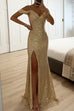 Moxidress V Neck Cold Shoulder High Slit Sequin Maxi Prom Dresses