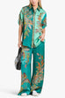 Moxidress Roll Up Short Sleeves Shirt and Wide Leg Pants Printed Satin Set