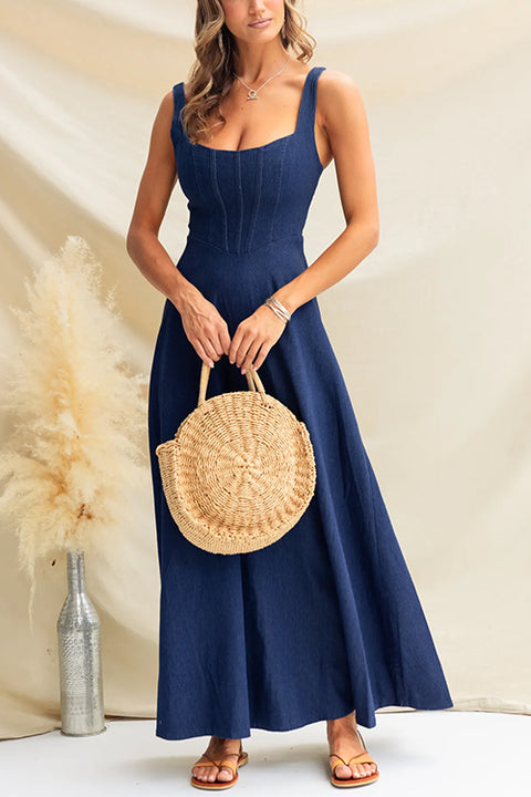 Adjustable Strap Sleeveless Denim Swing Maxi Dress