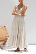 Moxidress V Neck Ruffle Trim Tiered Sleeveless Linen Maxi Dress