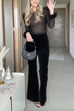 Moxidress Feather Cuffs Bell Bottom Velvet Splice Jumpsuit