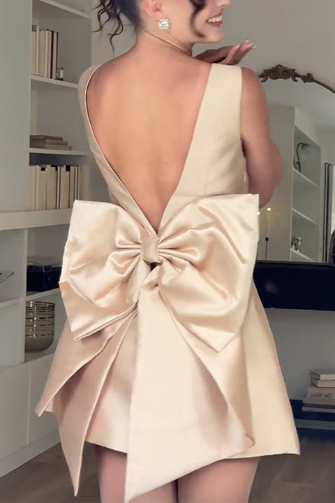 Sleeveless Bow Knot Backless Satin Mini Party Dress