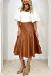 Moxidress High Waist Faux Leather A-line Flare Midi Skirt