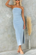 Strapless Tube Side Split Stretchy Denim Maxi Dress