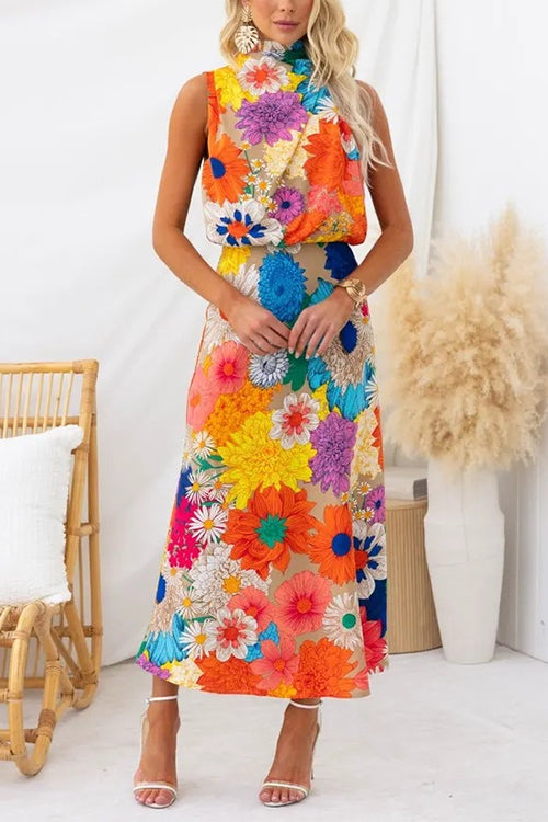 Moxidress Sleeveless Tie Neck Waisted Floral Print Maxi Dress