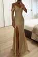 Moxidress V Neck Cold Shoulder High Slit Sequin Maxi Prom Dresses