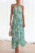 Moxidress V Neck Waisted Cut Out Floral Pleated Maxi Dress