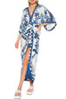 Moxidress V Neck Kimono Sleeves Tie Waist Printed Wrap Dress