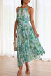 Moxidress V Neck Waisted Cut Out Floral Pleated Maxi Dress