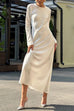 Moxidress Round Neck Long Sleeves Satin Maxi Party Dress