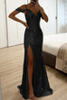 Moxidress V Neck Cold Shoulder High Slit Sequin Maxi Prom Dresses