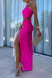 Moxidress One Shoulder Sleeveless Cut Out Waist High Slit Maxi Dress