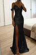 Moxidress V Neck Cold Shoulder High Slit Sequin Maxi Prom Dresses