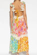 Moxidress V Neck Open Back Ruffle Trim Color Block Floral Maxi Holiday Dress