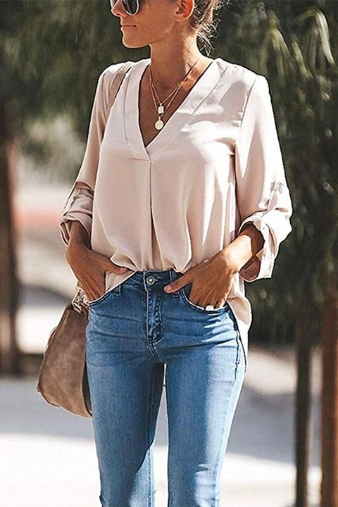 Moxidress V Neck Roll Up Long Sleeves Blouse Shirt