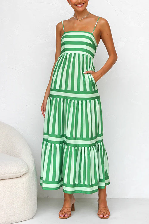 Moxidress Spaghetti Strap Tiered Color Block Striped Maxi Dress