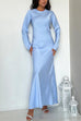 Moxidress Round Neck Long Sleeves Satin Maxi Party Dress