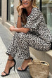 Moxidress Half Sleeves Button Up Ruffle Shirt and Straight Leg Pants Leopard Set