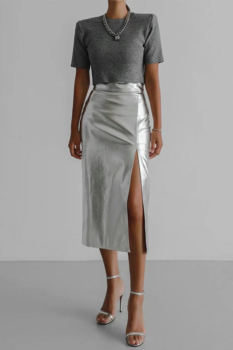 Moxidress High Waist Slit Front Faux Leather Midi Skirt