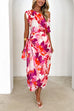 One Shoulder Tie Knot Floral Print Wrap Midi Dress