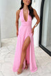 Moxidress Deep V Neck Halter Tie Knot Backless Slit Maxi Dress