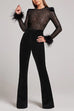 Moxidress Feather Cuffs Bell Bottom Velvet Splice Jumpsuit