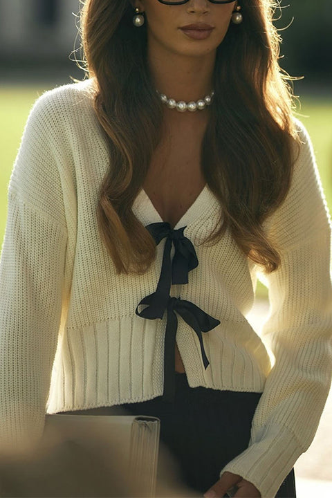 Moxidress V Neck Bow Tie Front Elegant Sweater