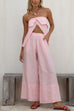 Moxidress Strapless Ruffle Slit Top Elastic Waist Wide Leg Pants Set