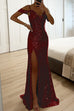 Moxidress V Neck Cold Shoulder High Slit Sequin Maxi Prom Dresses