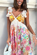 Moxidress V Neck Open Back Ruffle Trim Color Block Floral Maxi Holiday Dress