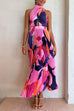 Moxidress Halter Backless Cut Out Printed Maxi Pleated Dress