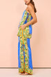 Moxidress Bow Tie Side Split Cami Top Wide Leg Pants Printed Satin Set