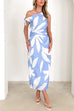 Tie Knot One Shoulder Abstract Leaf Print Midi Dress