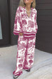 Moxidress Lapel V Neck Long Sleeves Shirt Wide Leg Pants Printed Casual Set