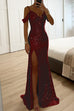 Moxidress V Neck Cold Shoulder High Slit Sequin Maxi Prom Dresses