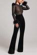 Moxidress Feather Cuffs Bell Bottom Velvet Splice Jumpsuit