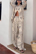 Moxidress Cactus Print Lapel Long Sleeves Shirt Elastic Waist Wide Leg Pants Set